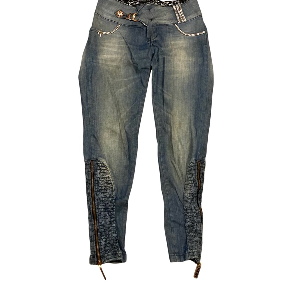 Rhero Brazilian Butt Lift Jeans Size 6 Low Rise Ruched Zipper Cuffs Rhinestones